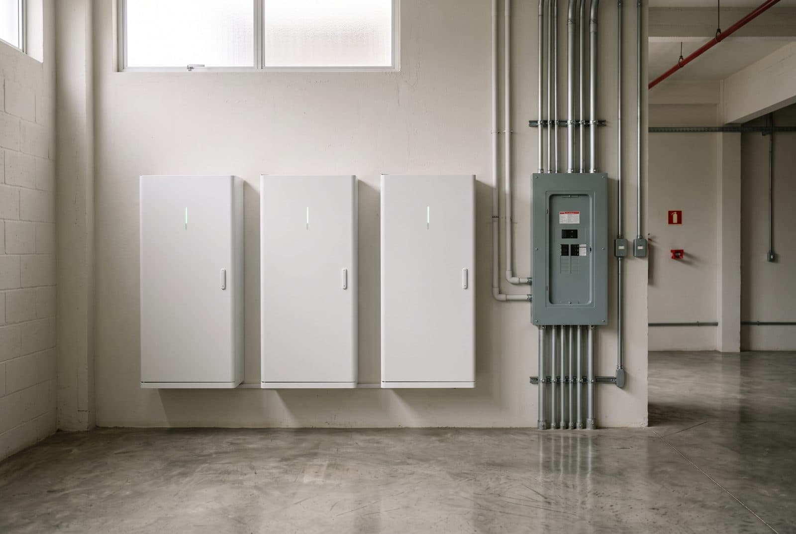 Sala técnica com baterias LiFePO4 de parede e quadro elétrico