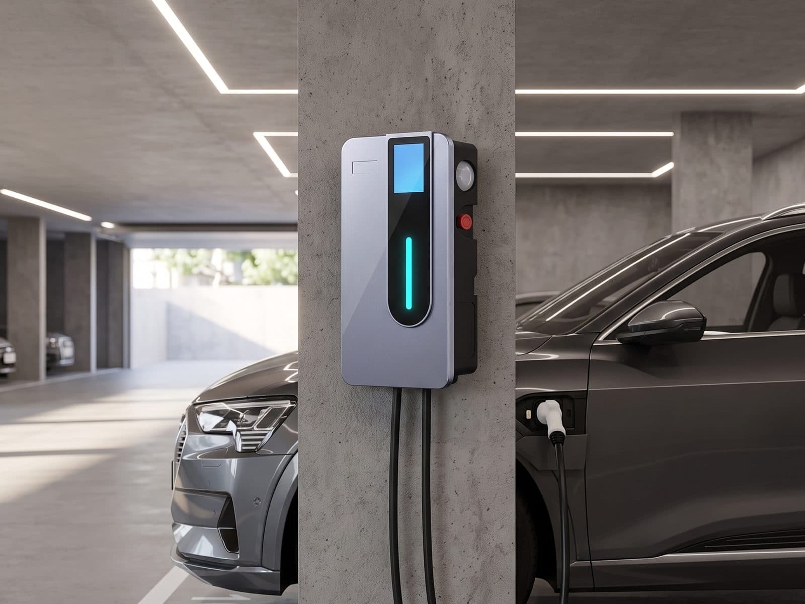 FLAK CHARGE Pro 7 em pilar de garagem de condomínio, carro elétrico carregando