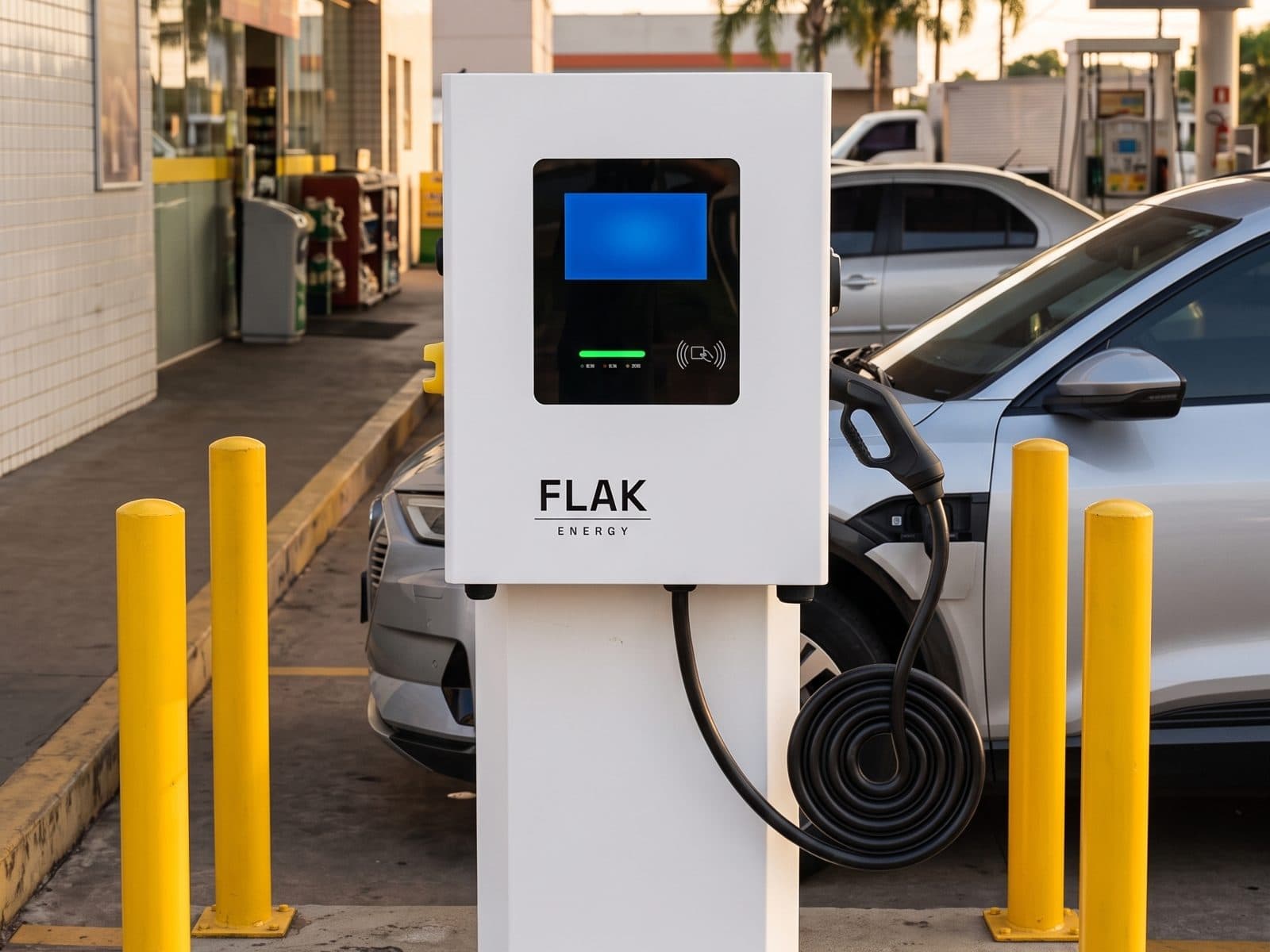 FLAK FAST Wall 30 em coluna no pátio de um posto, carro elétrico carregando