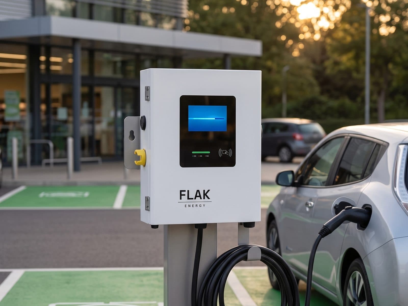 FLAK FAST Max 60 em estacionamento comercial, vaga verde com carro elétrico