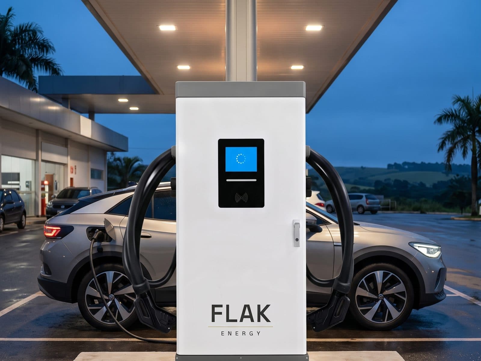 FLAK FAST Max 60 em posto de rodovia, carro elétrico carregando