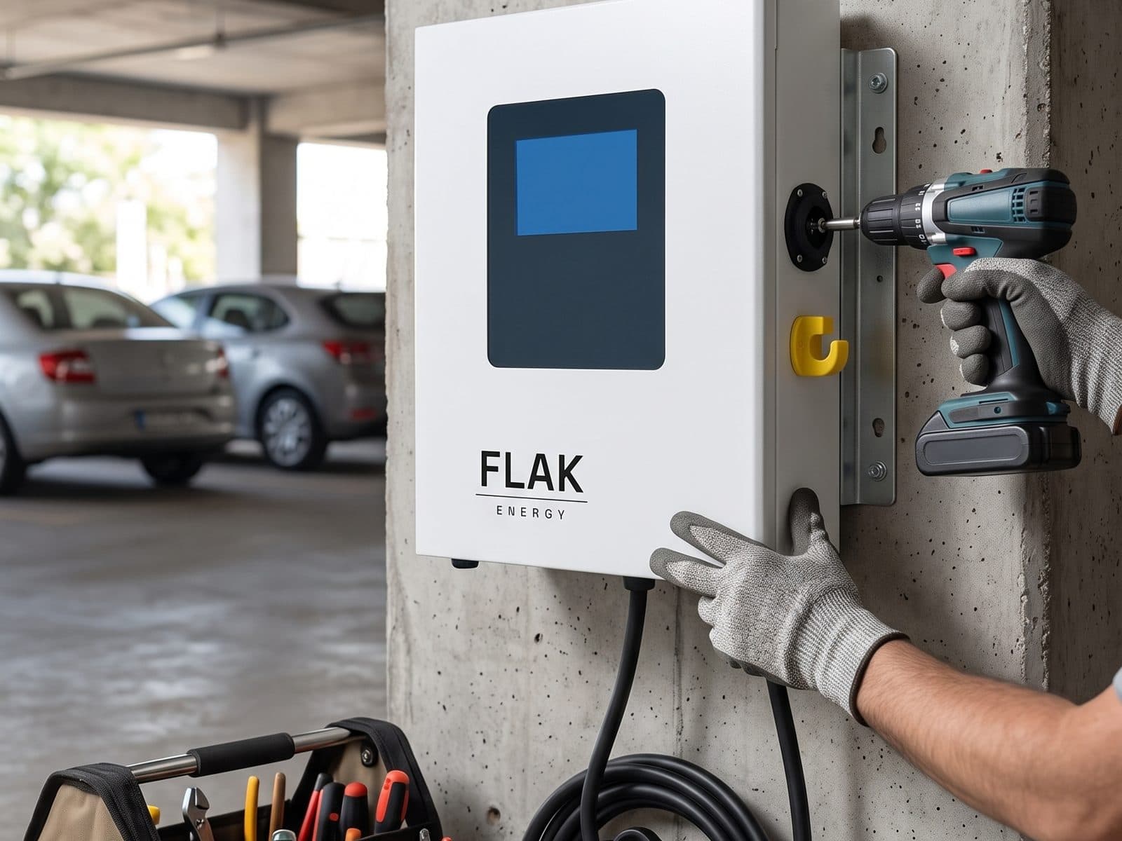 Instalador fixando um carregador FLAK na parede