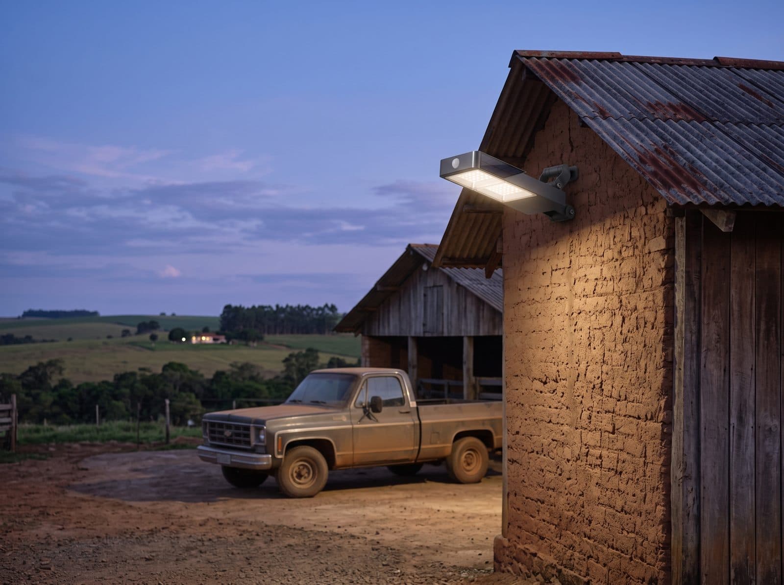 Luminária solar FLAK em galpão de fazenda