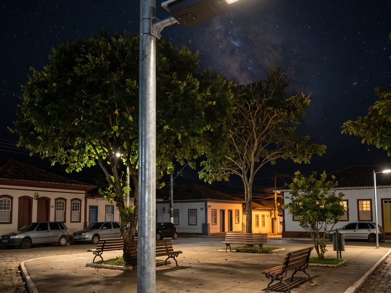 Praça iluminada por luminária solar FLAK SOL 100 à noite (imagem ilustrativa)