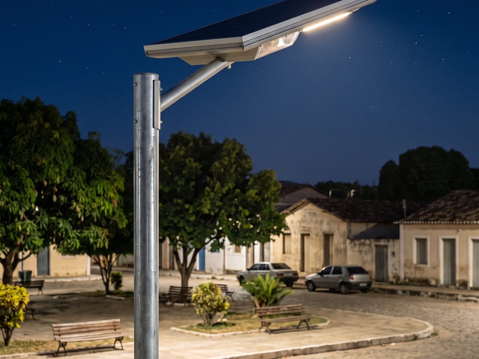 Luminária solar FLAK SOL 100 em poste, à noite (imagem ilustrativa)
