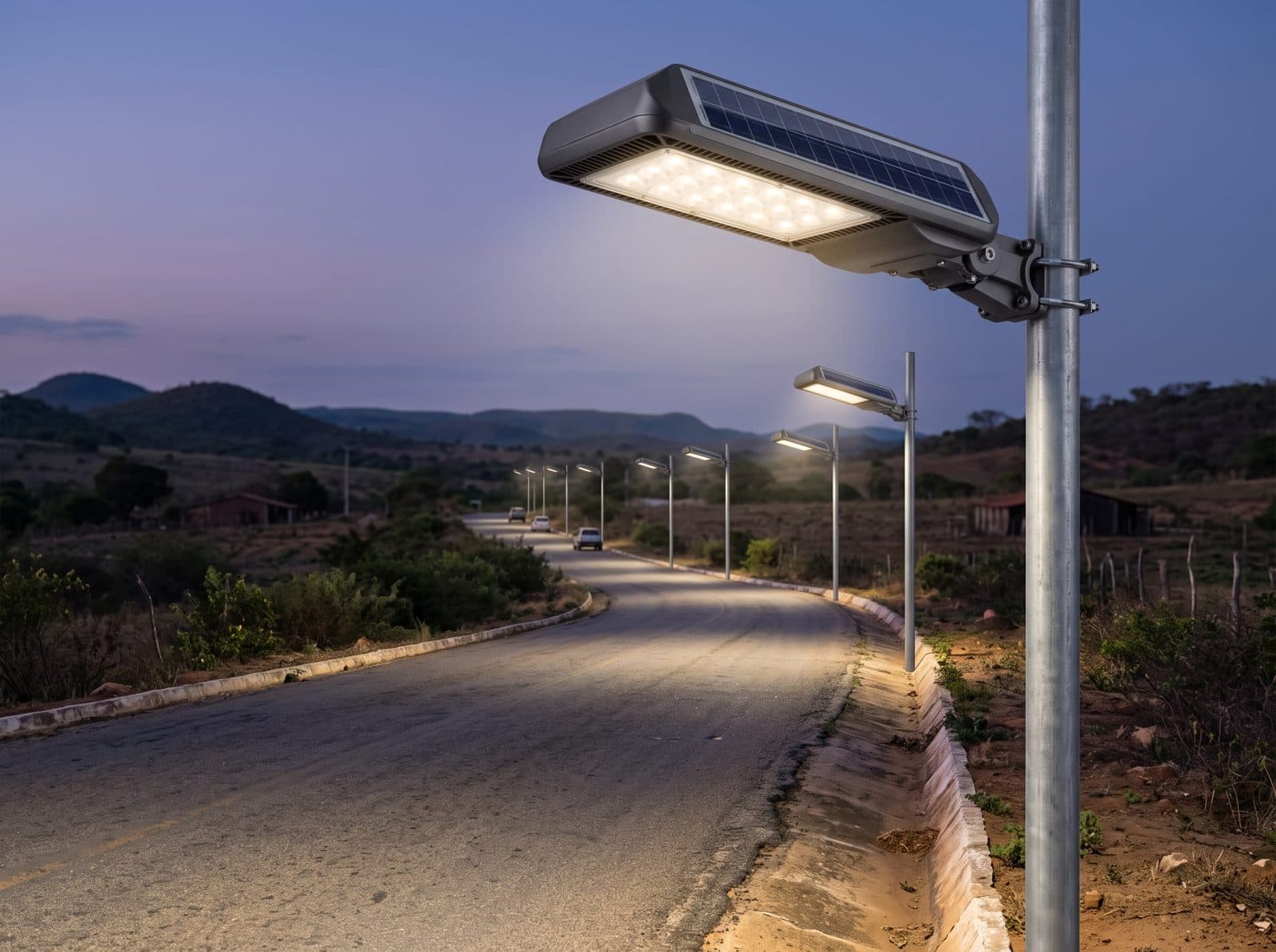 Estrada rural iluminada por luminárias solares FLAK SOL 50 (imagem ilustrativa)