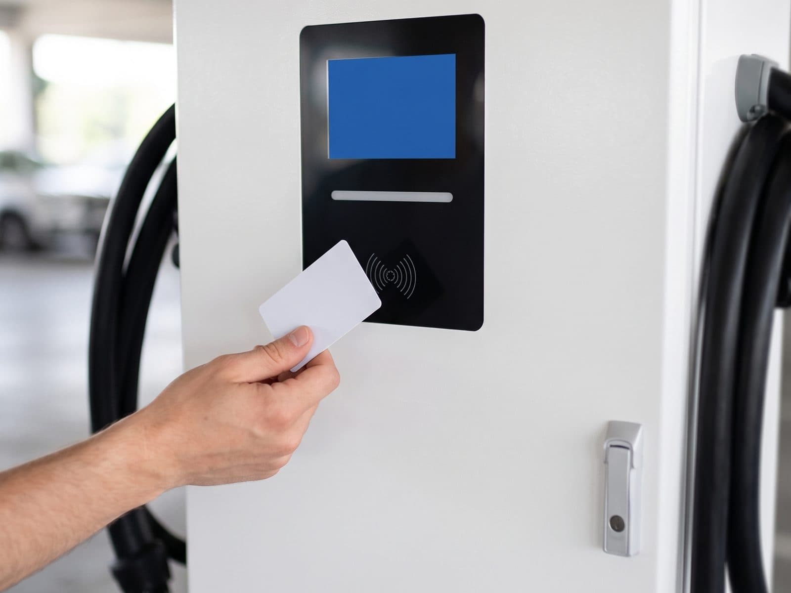 Cartão RFID aproximado da tela touch de um carregador DC FLAK