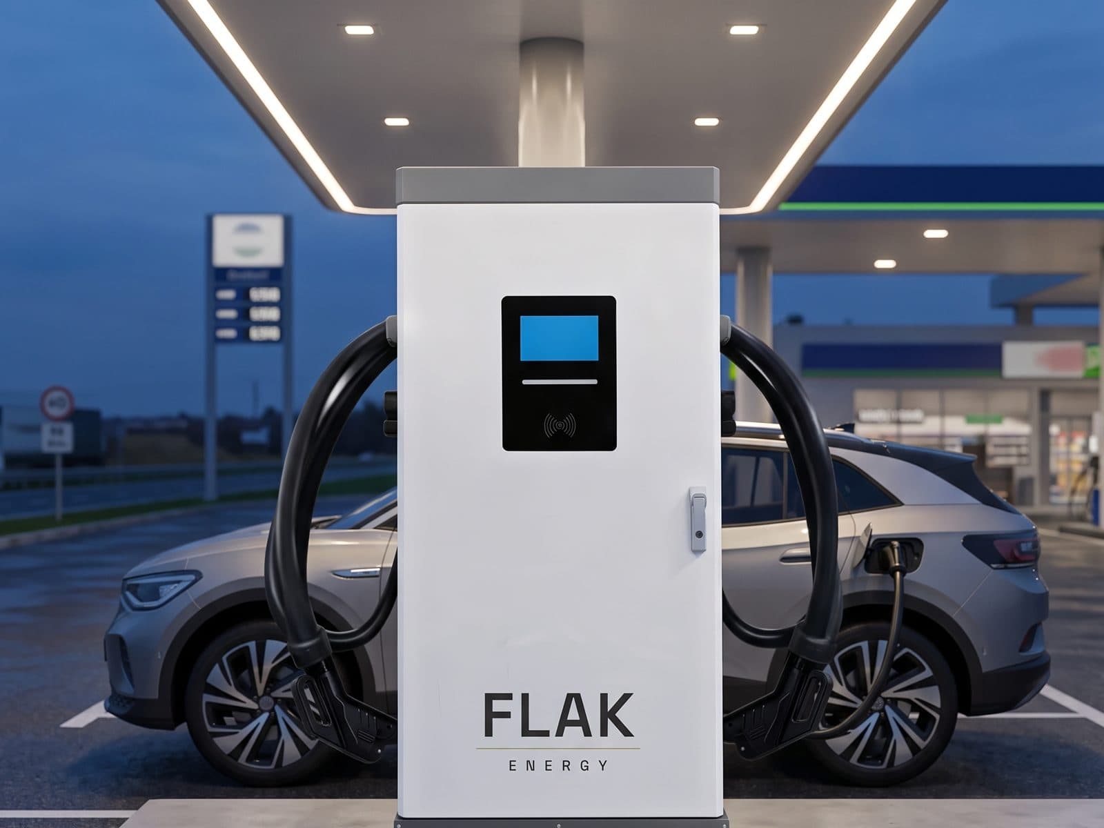 FLAK FAST 120 em posto de rodovia ao entardecer, carro elétrico carregando