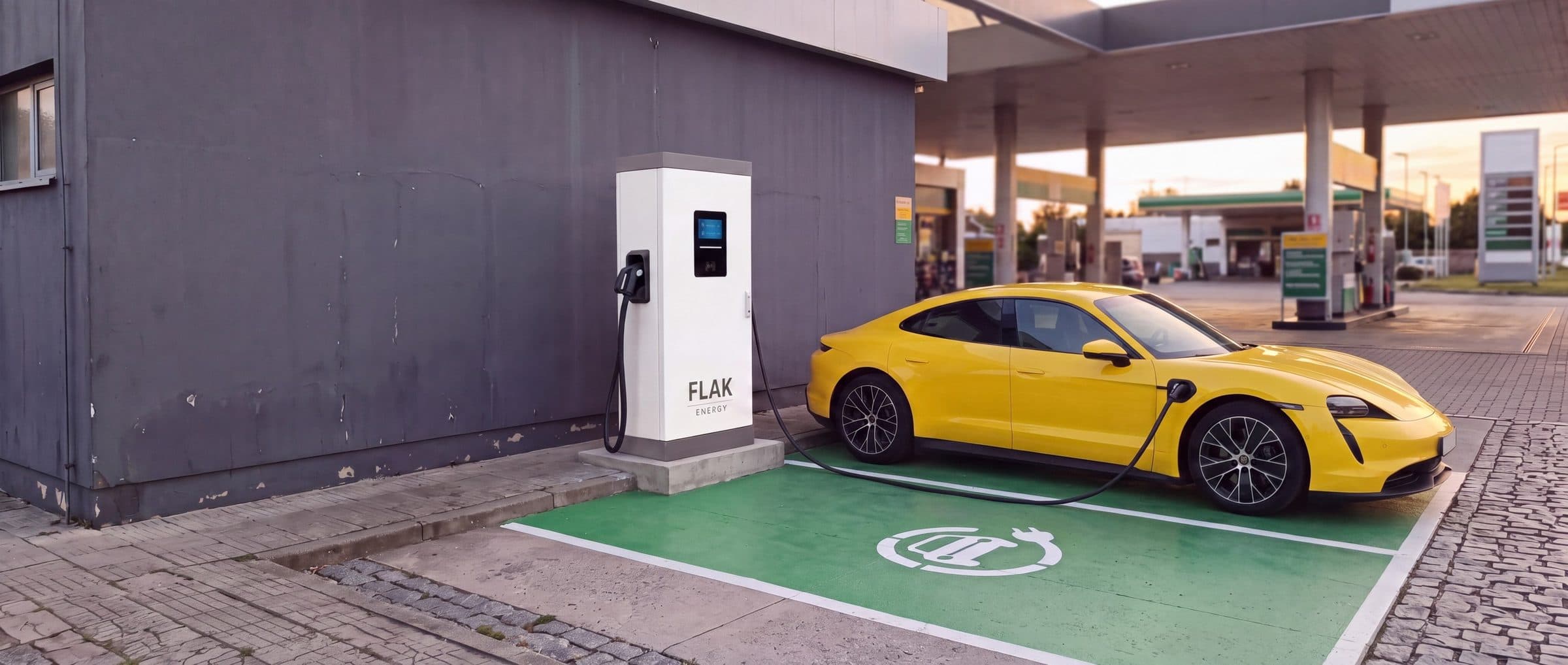 Carregador rápido FLAK em um posto de combustível, com um carro elétrico conectado